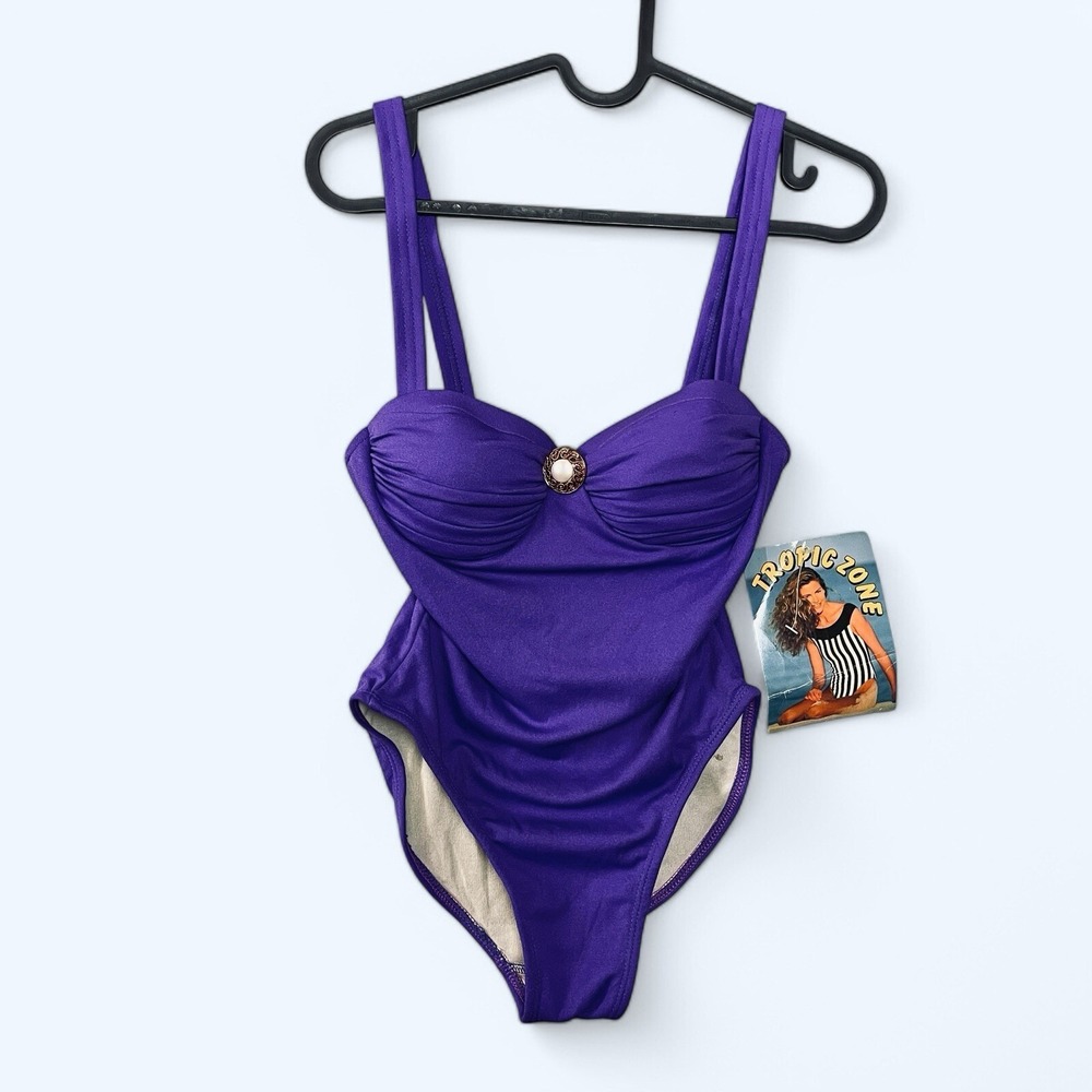 Vintage 90s Y2K Purple High Cut One Piece Swimsuit‎ XS Ruched Bust NWT Beach